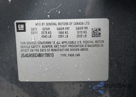 2011 Buick Regal Cxl Oshawa из США, поврежденный, VIN 2G4GN5EC4B9178613